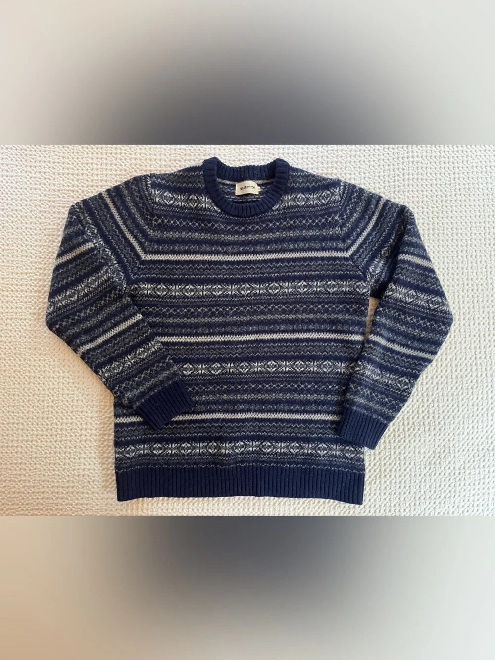 Taylor Stitch eastmoor Navy and Light Gray Fair Isle Crewneck Sweater